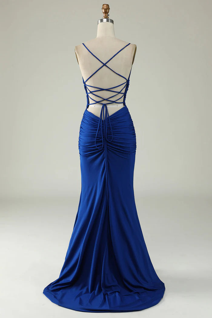 Weitese Dress Mermaid Spaghetti Straps Royal Blue Plus Size Prom Dress Maxi Dress Criss Cross Back Sleeveless Party Dress